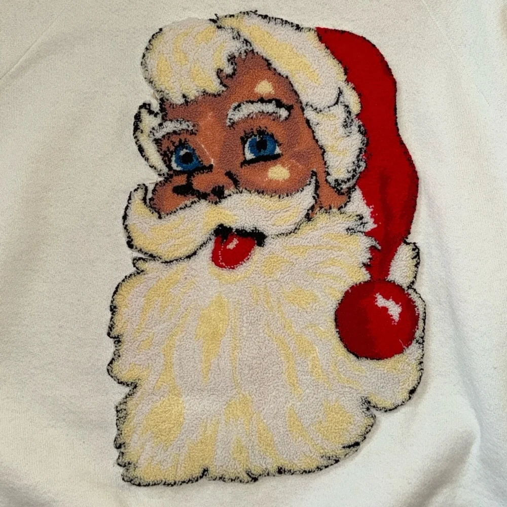 Vintage rare USA made white sweatshirt raised Santa 3D tufted rug graphic XL
